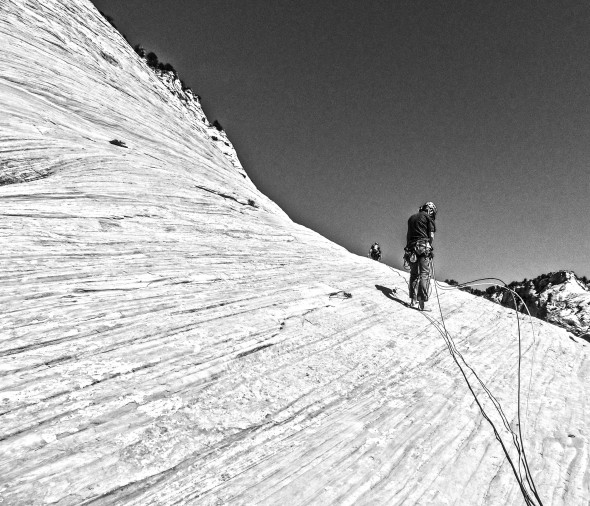 Starting up the base of the route to the first pitch, Rob belaying me. (Photo: Chris Mahoney
