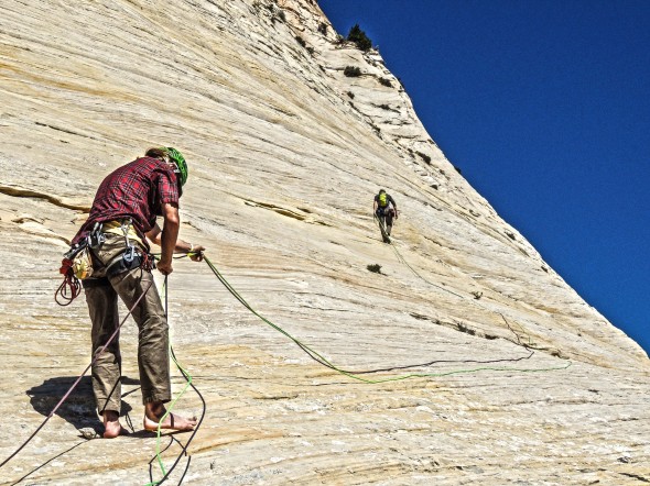 This route was not steep--it felt a lot more like mountaineering than rock climbing. "Rockaneering" is a common term for this sort of climbing where simply pulling hard is not the point (or even possible due to the low angle)