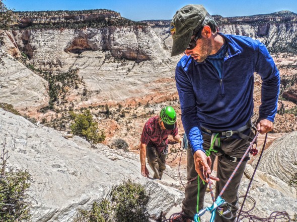 Chris belaying Rob up the final pitch.