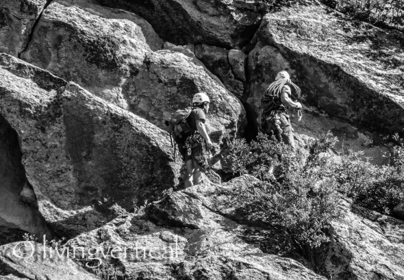 Martin and I negotiating the approach to our route, (Soler 5.9) via 4th class slabs on the southeast shoulder of Devils Tower