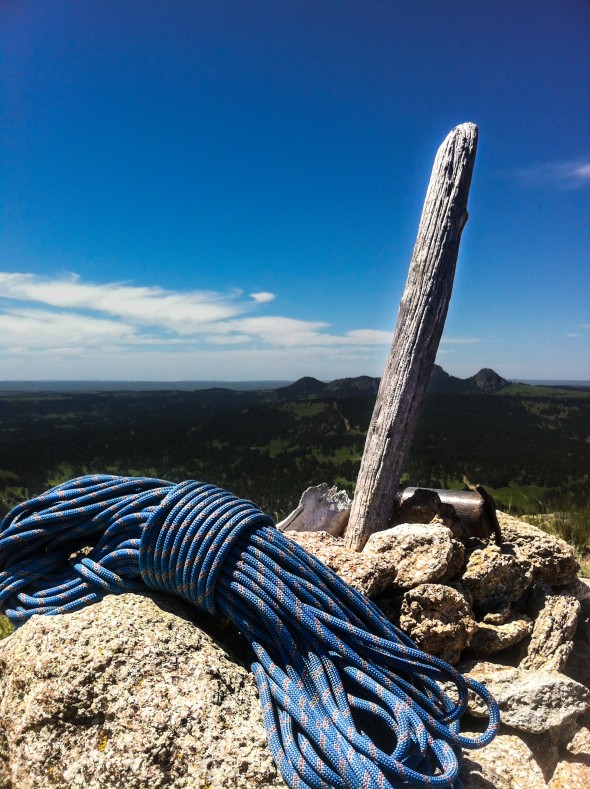 The solitary, nondescript summit of Devils Tower--under the boots of Team LivingVertical!